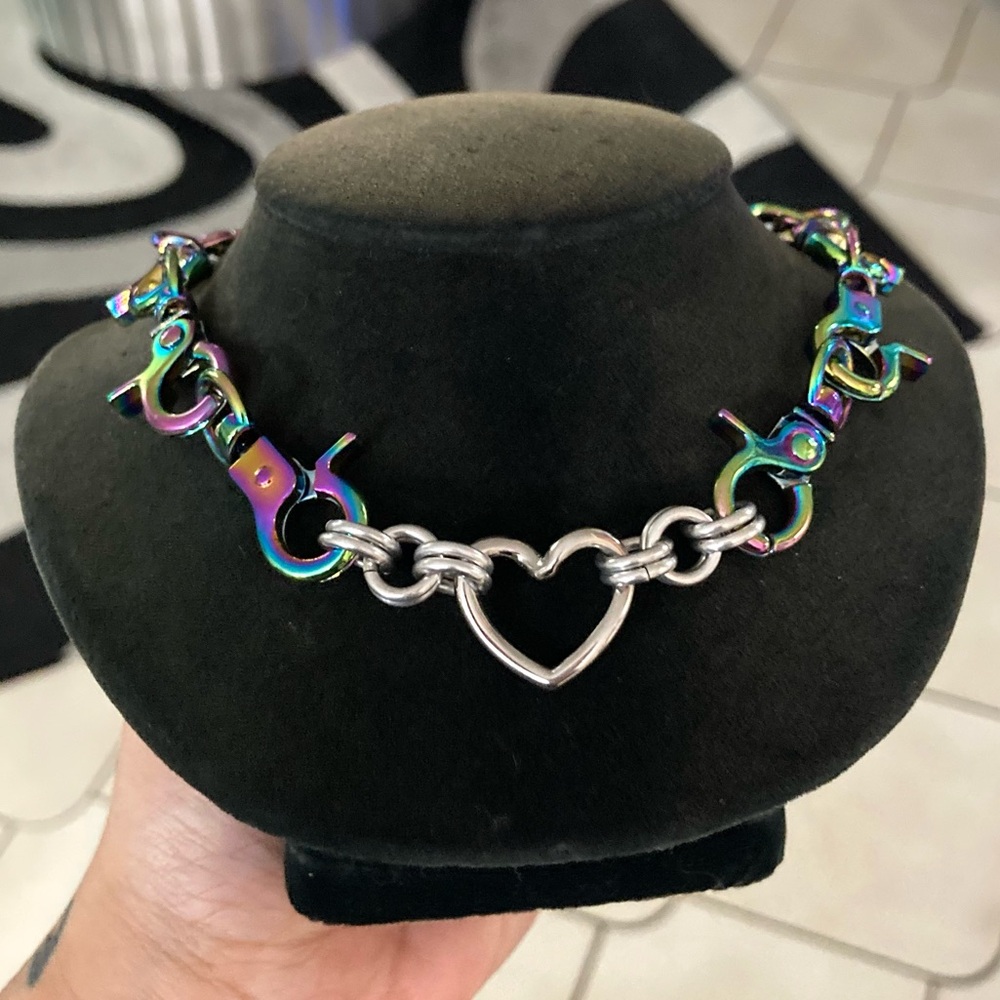 Stainless steel heart choker rainbow clasps goth punk emo chain necklace - Picture 8 of 12